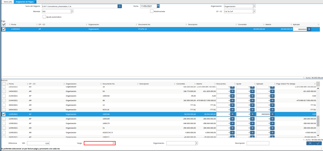 campo cargo de la ventana asignación de pagos