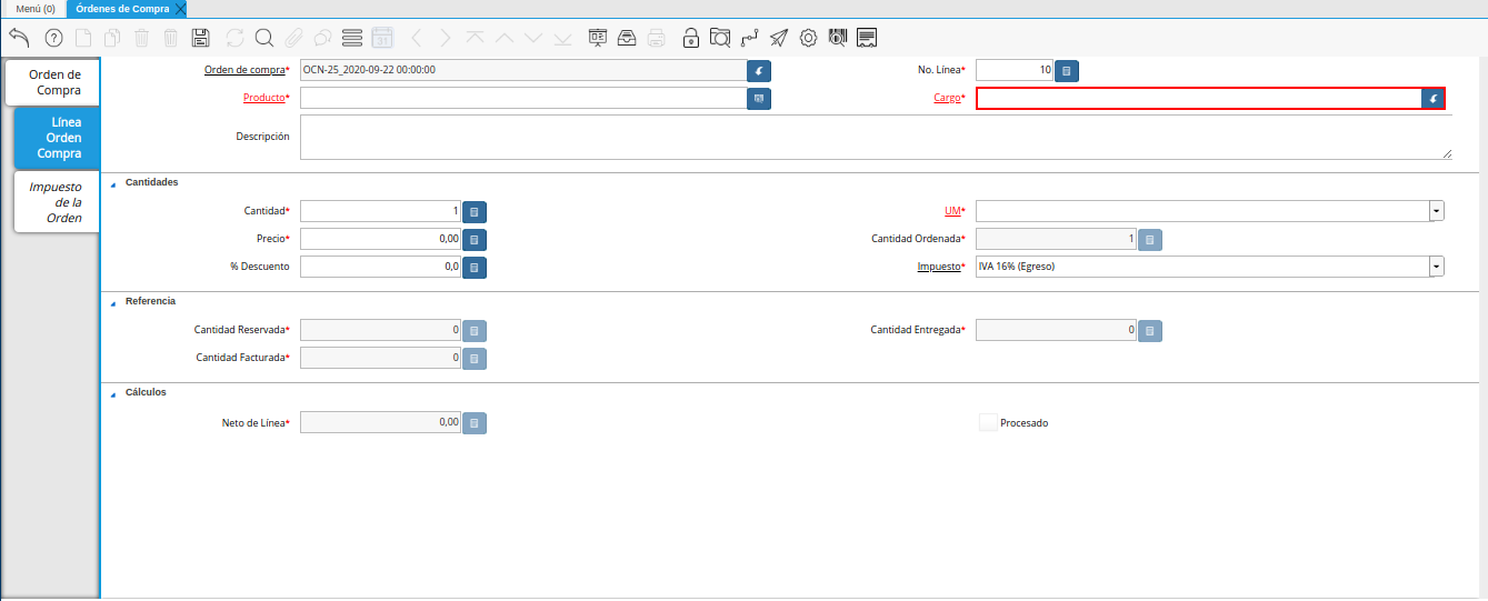 campo cargo de la ventana órdenes de compra