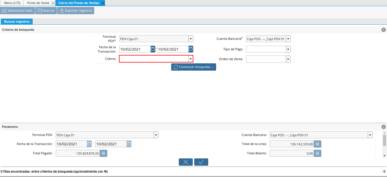 Campo Cobros del Filtro de Búsqueda de la Ventana Cierre de Caja del Punto de Venta