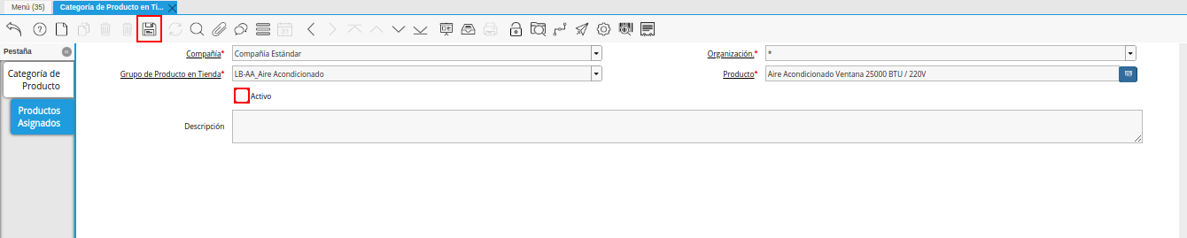 check activo en el registro en la pestaña productos asignados