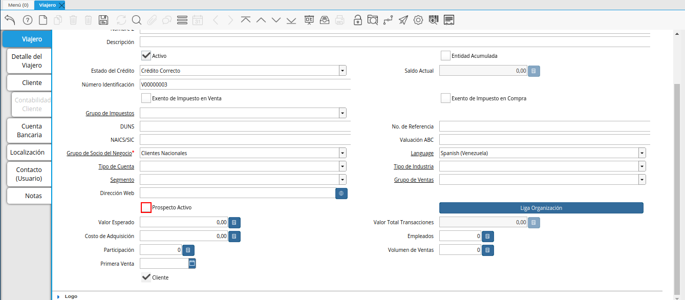 check prospecto activo de la ventana viajero