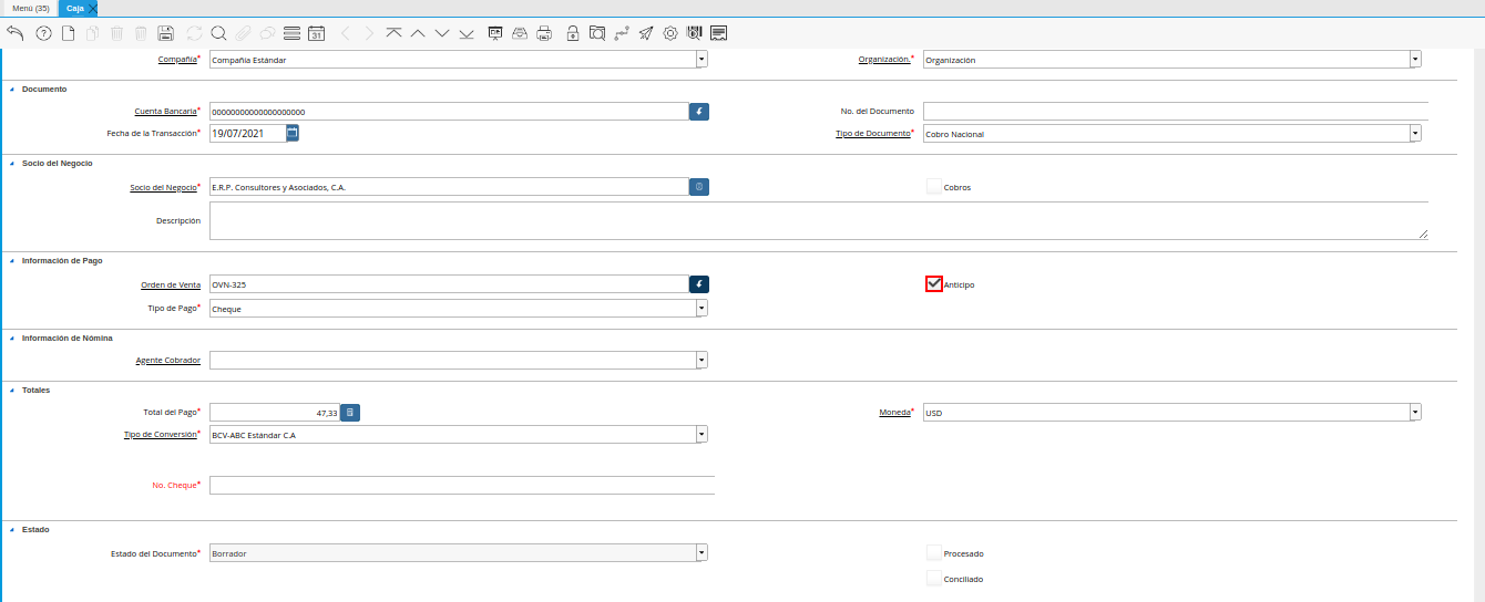 check anticipo de la ventana caja