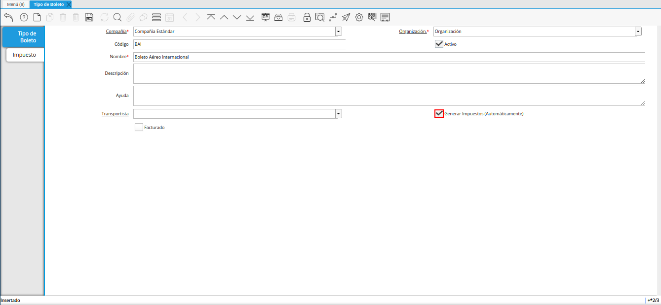 check generar impuestos automáticamente de la ventana tipo de boleto