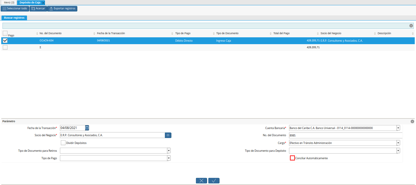 check conciliar automáticamente del depósito de caja