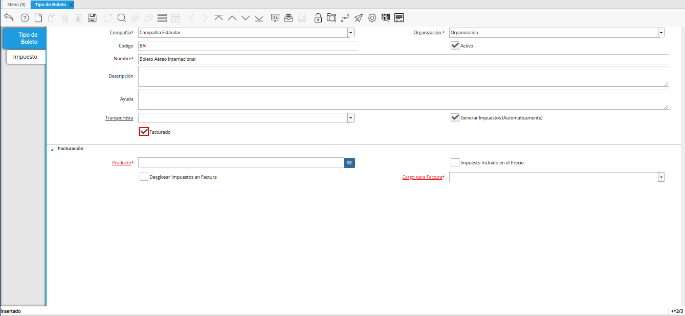 check facturado de la ventana tipo de boleto