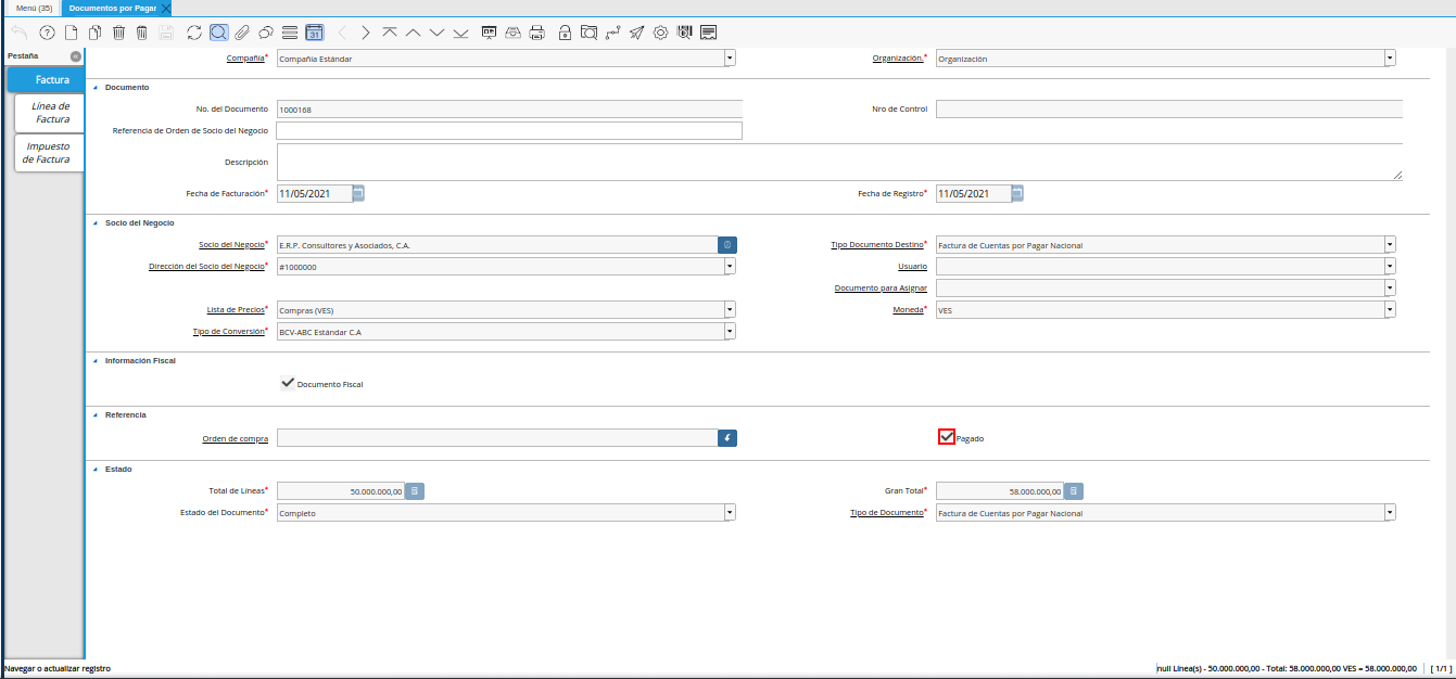 check pagado del documento por pagar o cobrar