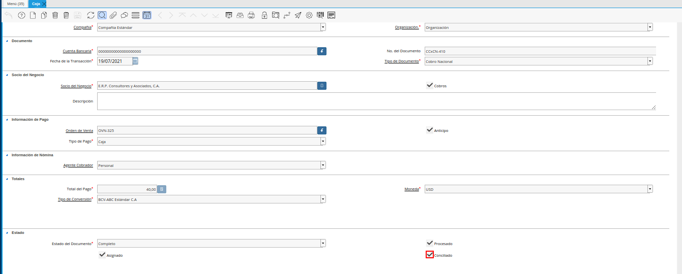 check conciliado de la ventana caja