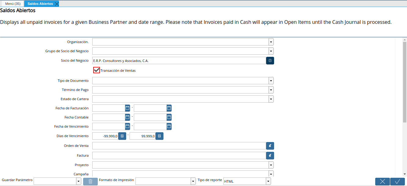 check transacción de ventas del reporte de saldos abiertos