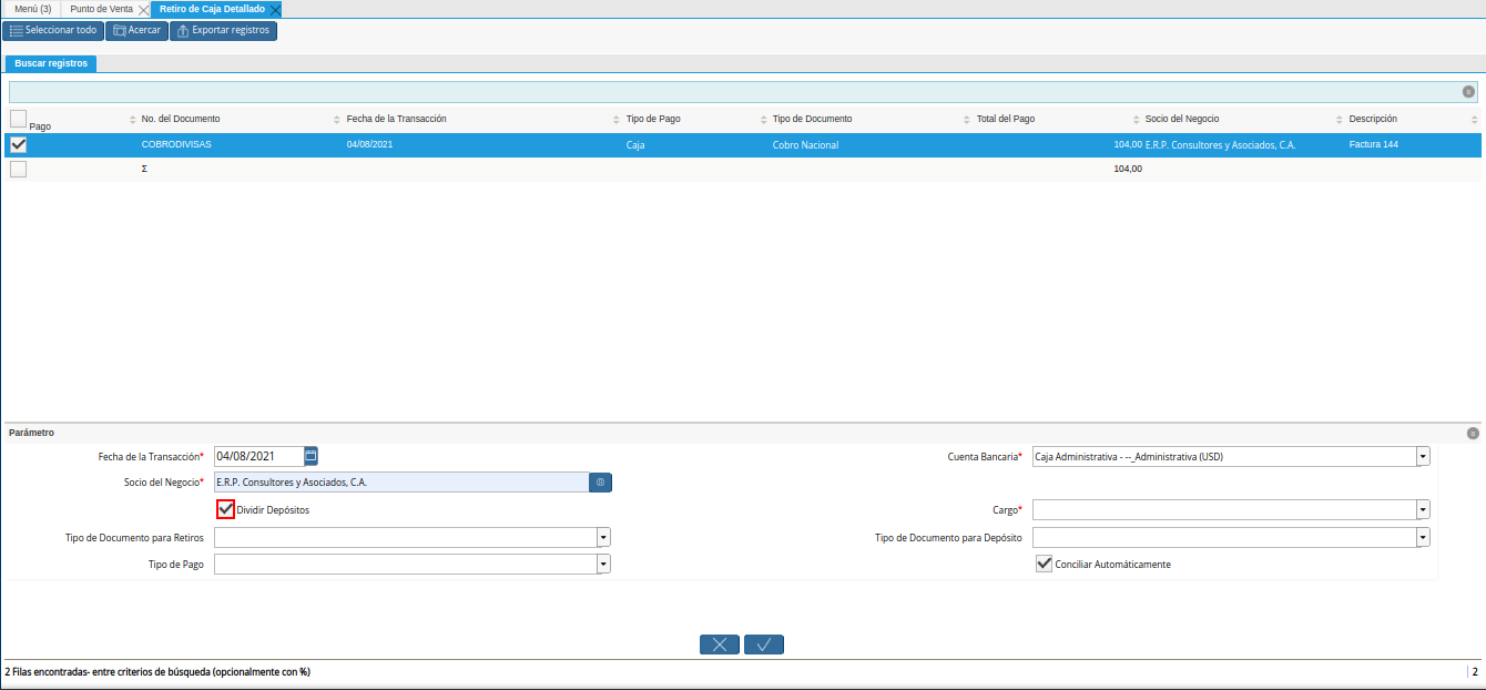 check dividir depósitos del retiro detallado