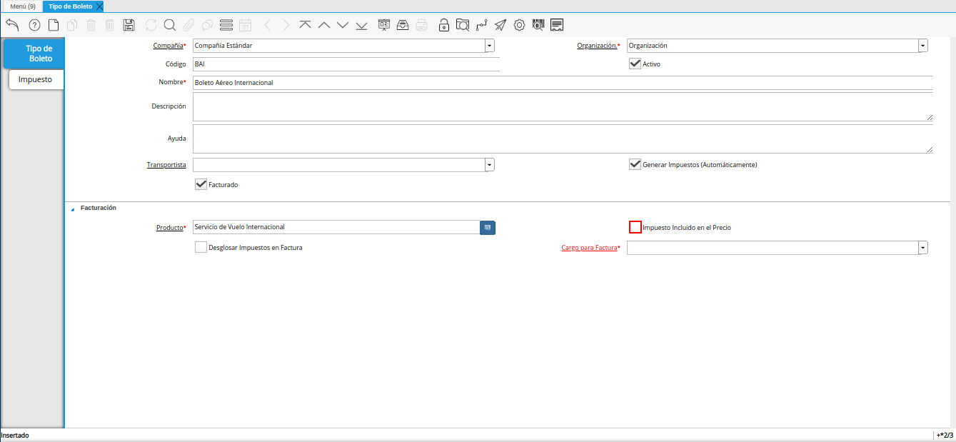check impuesto incluido en el precio de la ventana tipo de boleto