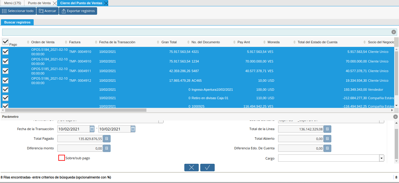 Checklist Sobre Sub Pago de la Ventana Cierre de Caja del Punto de Venta