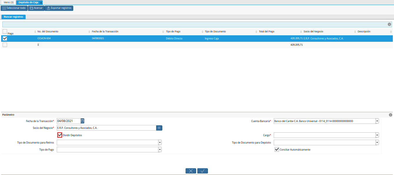 checklist dividir deposito de la ventana deposito a caja