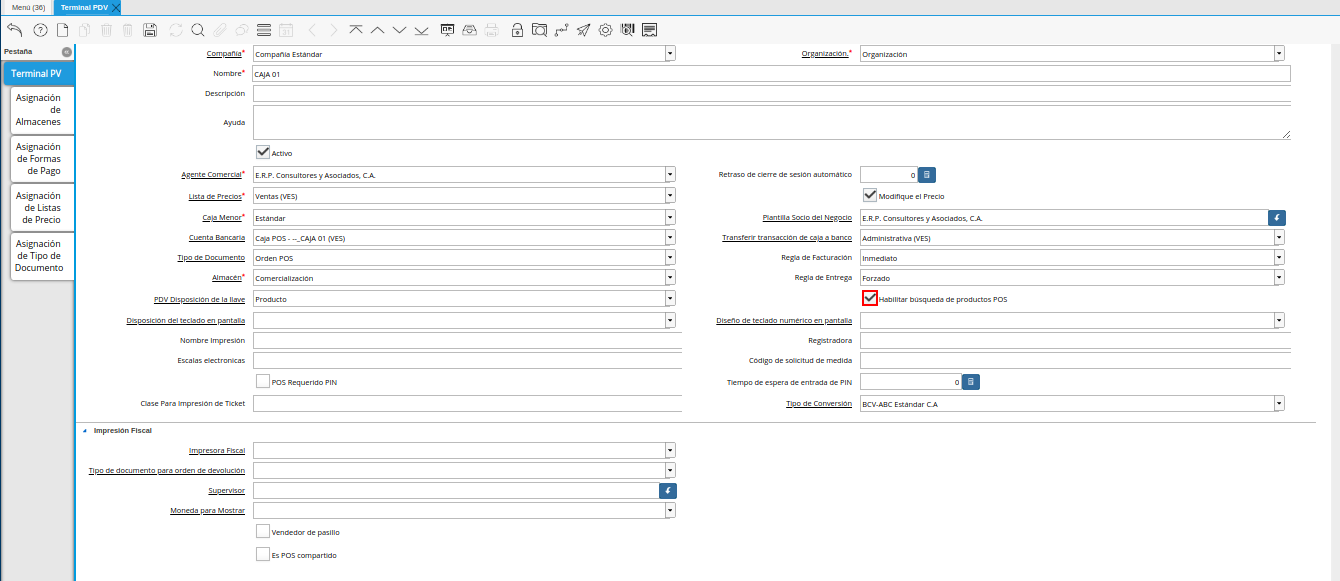 Checklist Habilitar Búsqueda de Productos POS de la Ventana Terminal PDV