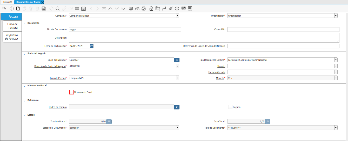 checklist documento fiscal de la ventana documentos por pagar