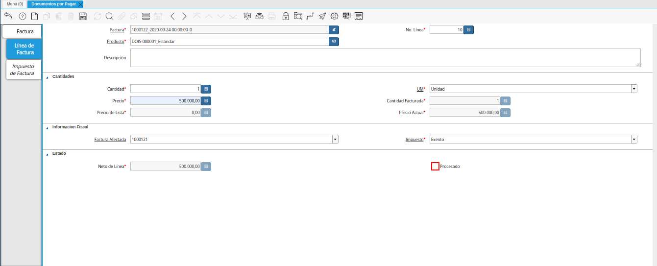 checklist procesado de la pestaña linea de factura débito