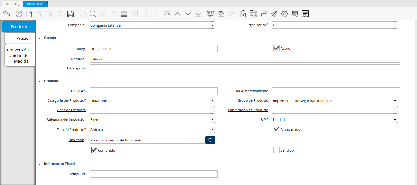 Checklist Comprado de la Ventana Producto