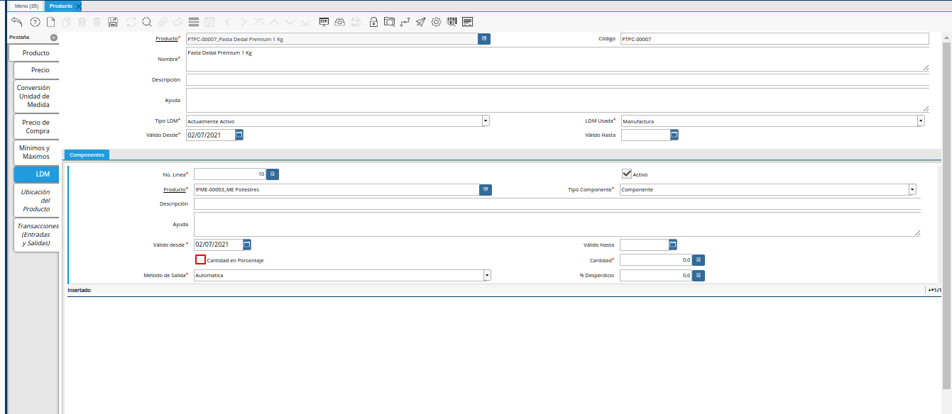 Checklist Cantidad en Porcentaje de la Pestaña ldm del Producto Estándar para Producción