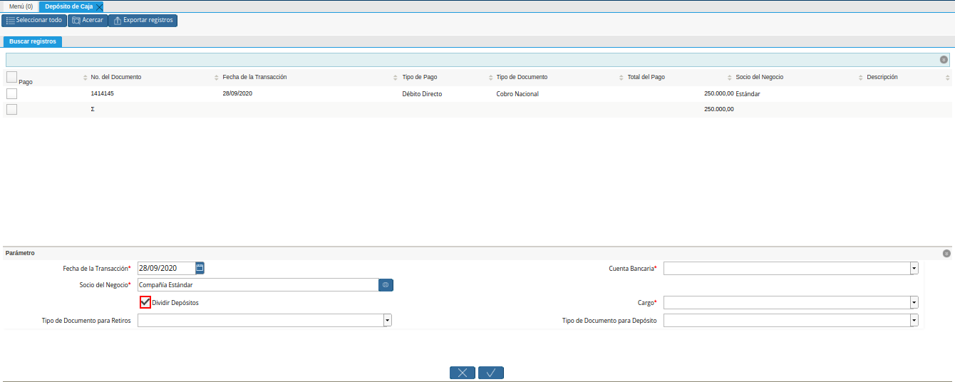 Checklist Dividir Depósitos Tildado