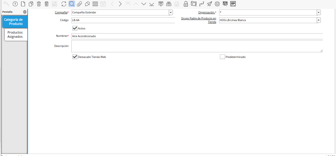 registro de categoría hija o subgrupo