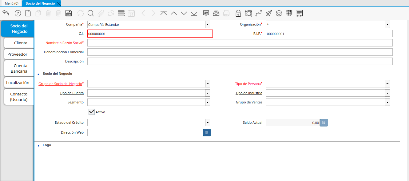 Campo CI de la Pestaña Principal Socio del Negocio
