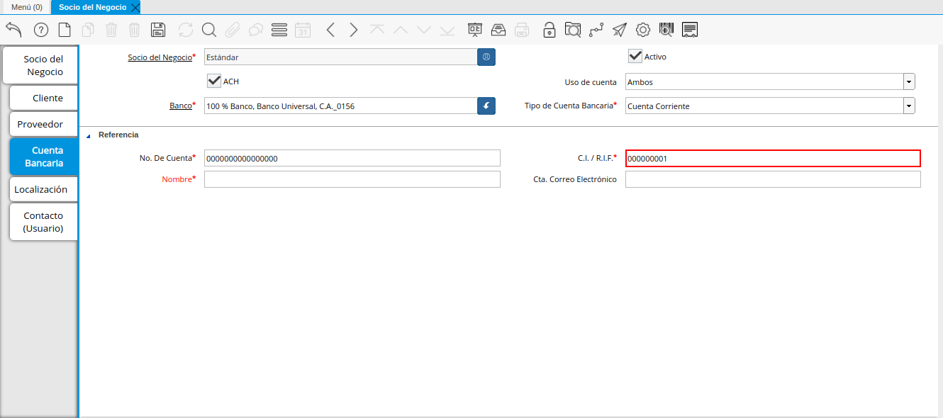 Campo CI RIF del Titular de la Cuenta de la Pestaña Cuenta Bancaria del Registro Cliente