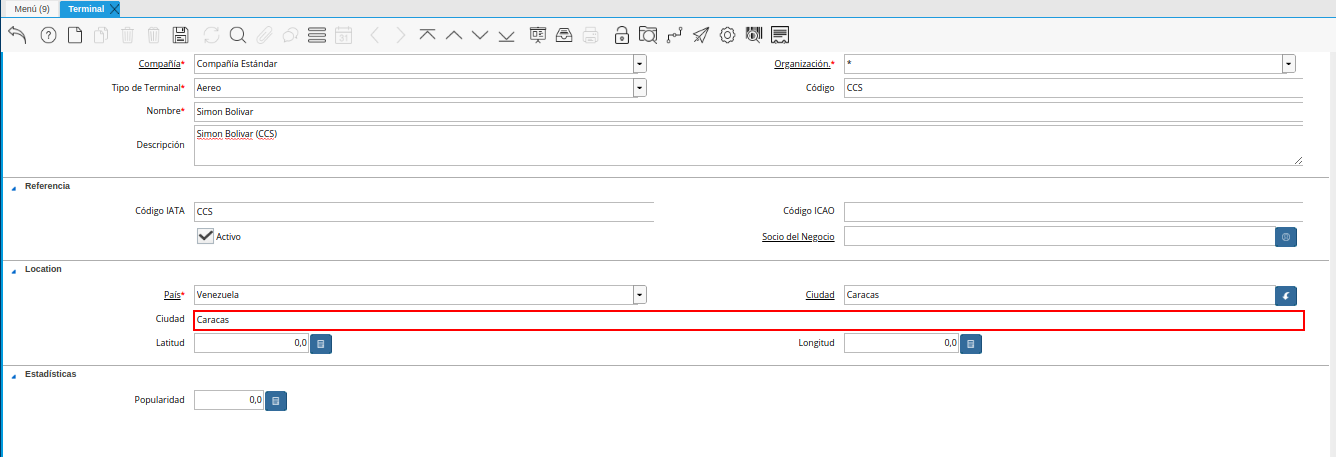 campo ciudad a ingresar de la ventana terminal