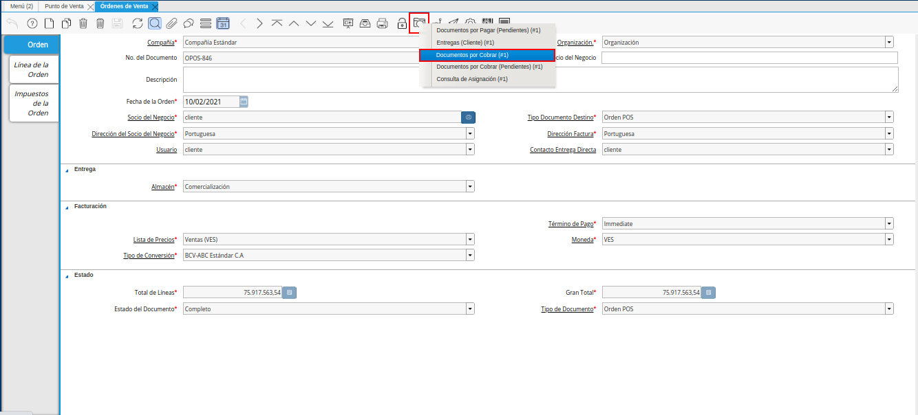 Documento de Cobro Generado en la Ventana Documentos por Cobrar