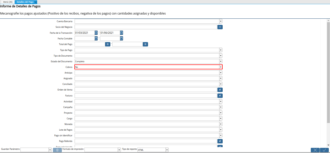 campo cobros del reporte detalles del pago