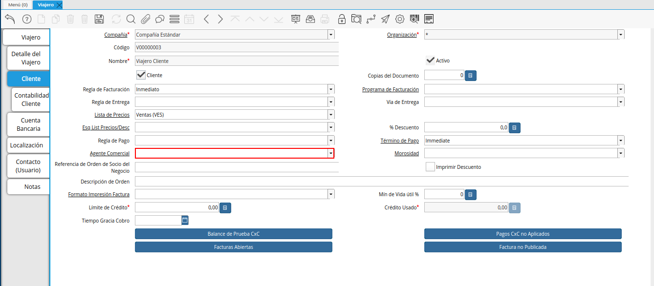 campo agente comercial de la pestaña cliente