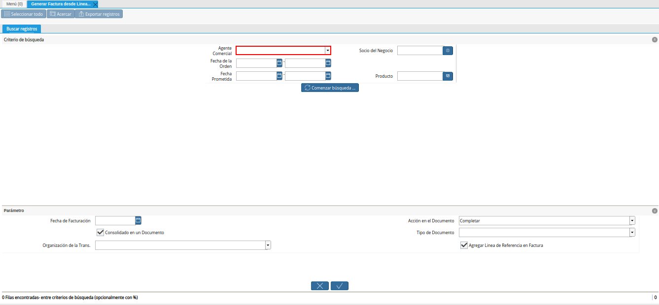 Campo Agente Comercial de la Ventana Generar Factura desde Líneas de la Orden