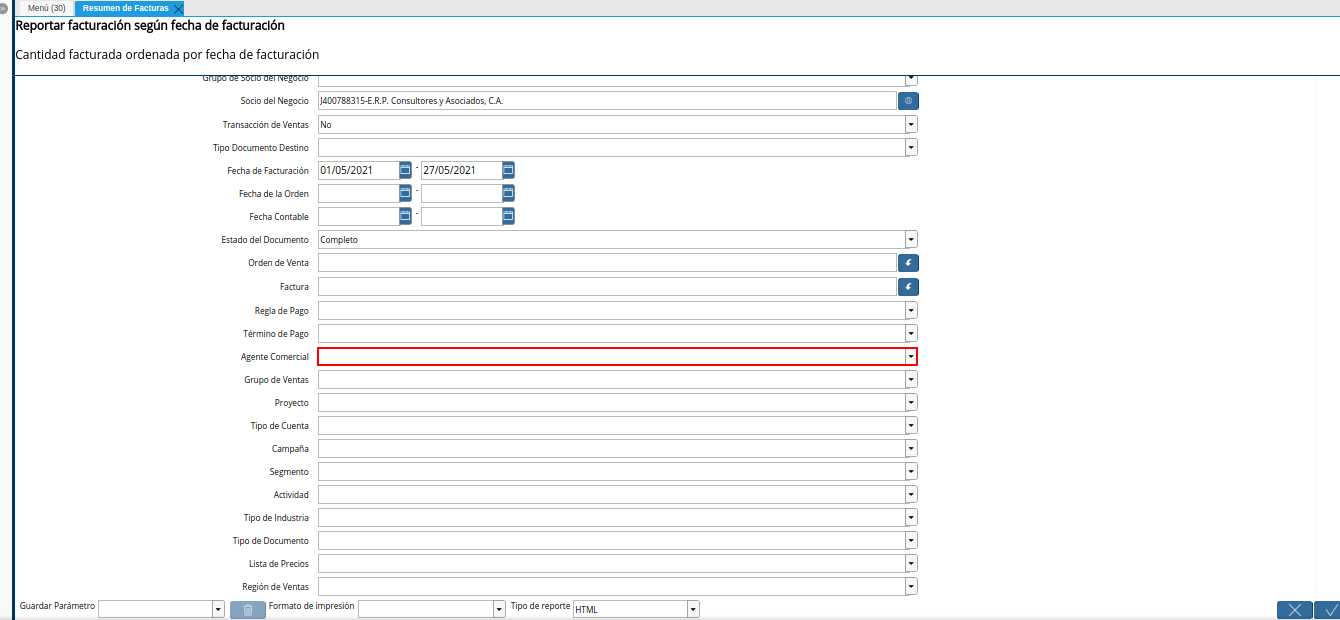 campo agente comercial del reporte resumen de facturas