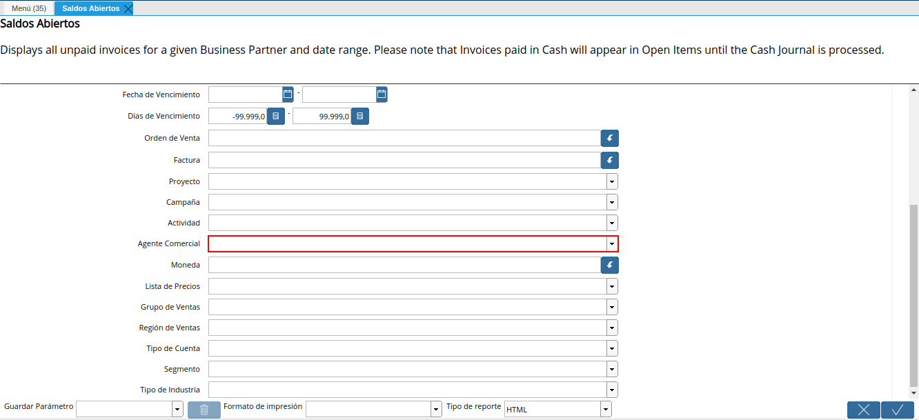 campo agente comercial del reporte de saldos abiertos