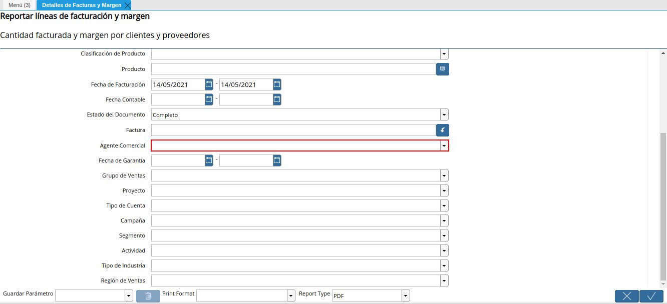 campo agente comercial del reporte detalles de facturas y margen