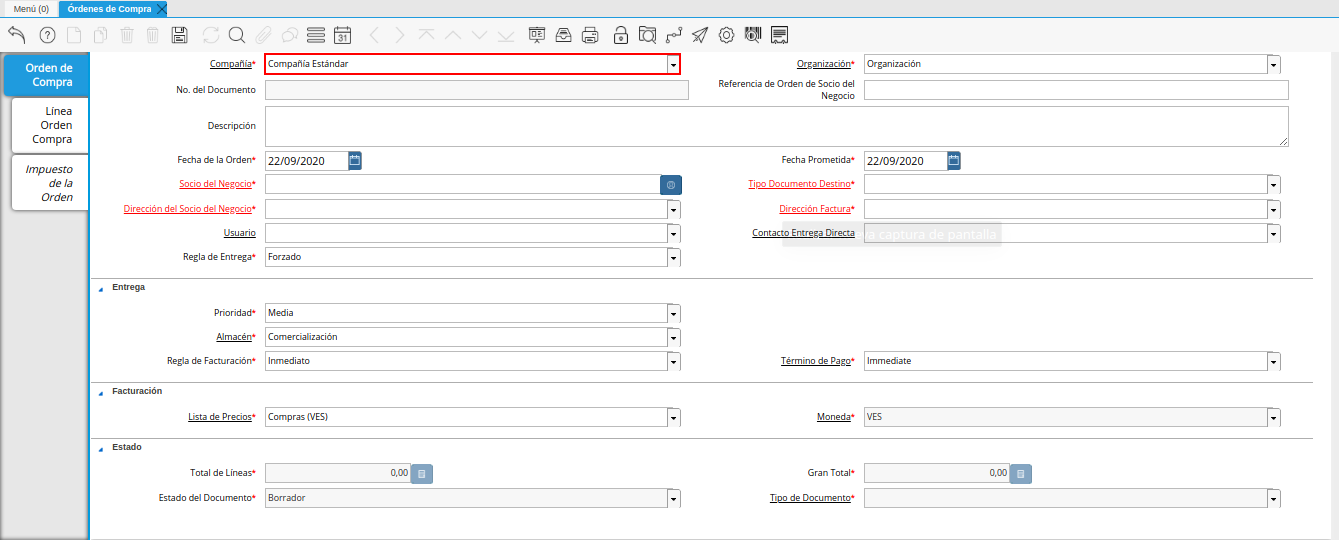 campo compañía de la ventana órdenes de compra