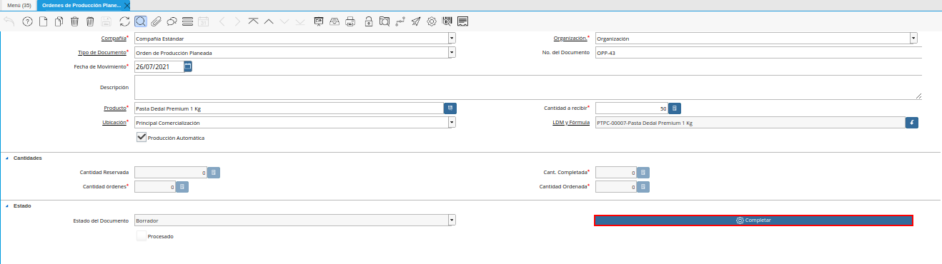 Opción Completar de la Pestaña Lote de Producción de la Ventana Órdenes de Producción Planeadas