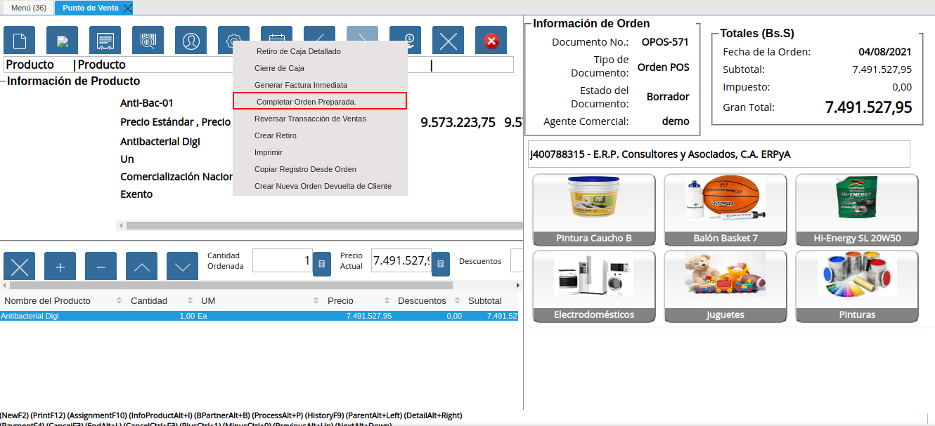 Opción Completar Orden Preparada