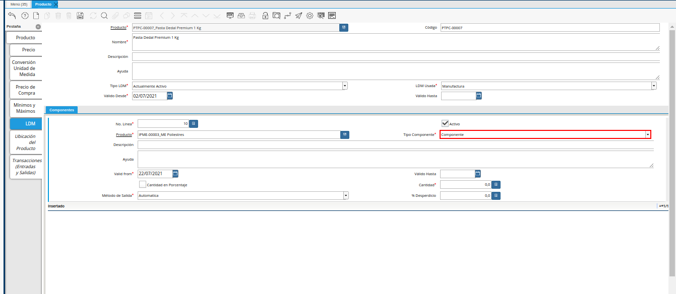 Campo Tipo Componente de la Pestaña ldm del Producto Estándar para Producción