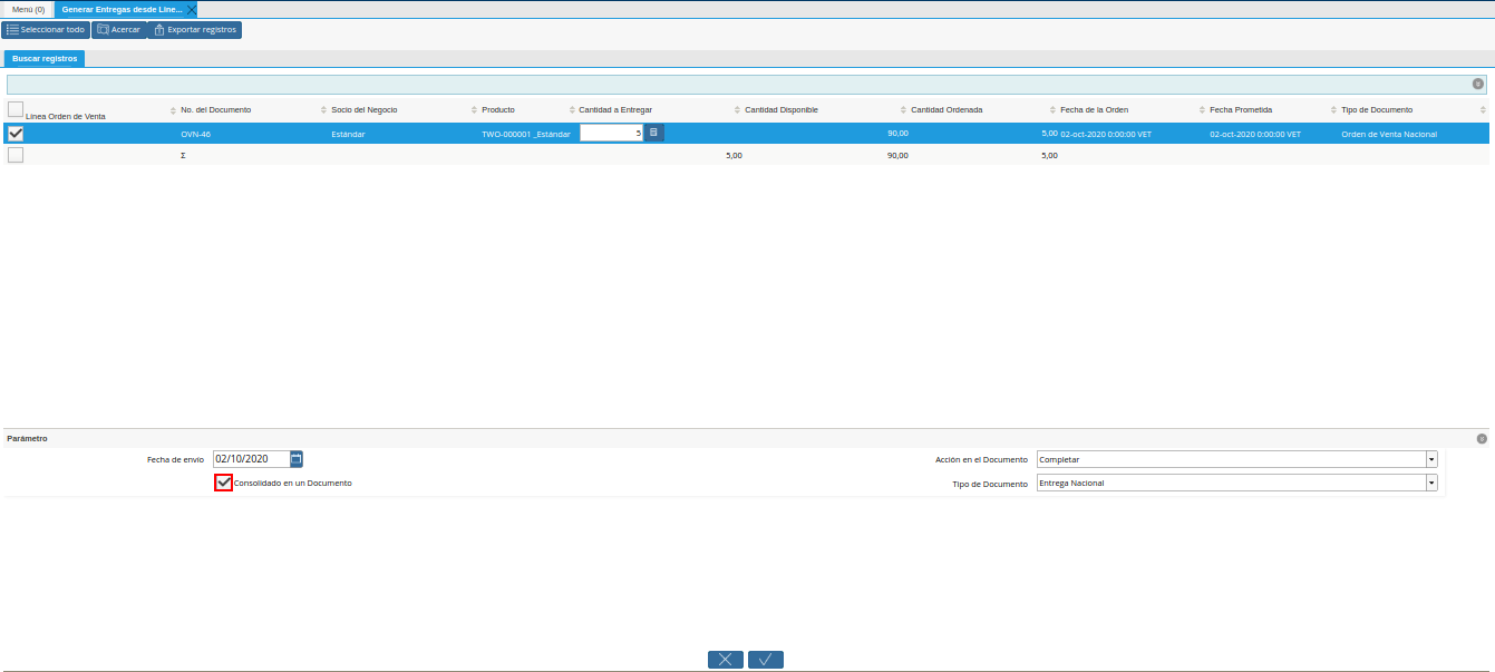 Checklist Consolidado en un Documento de la Ventana Generar Entrega desde Líneas de la Orden