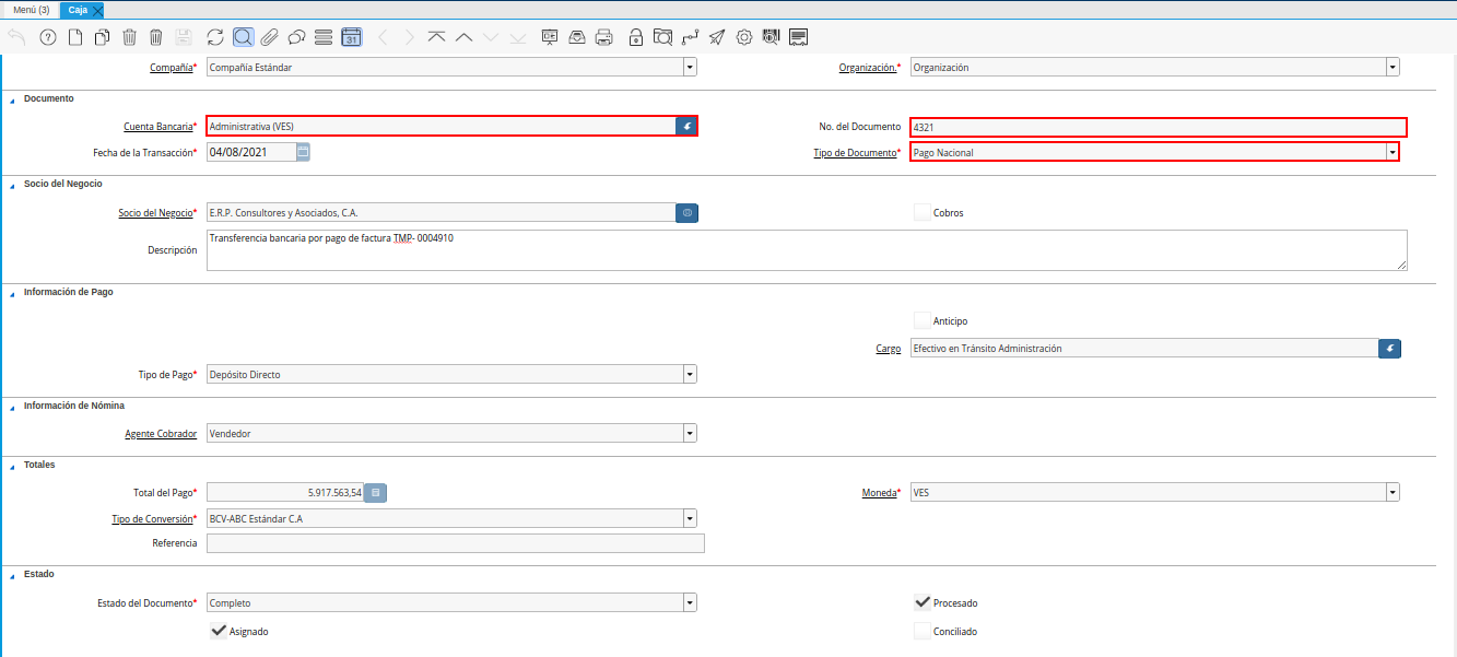 consulta de egreso en caja por transferencia de deposito