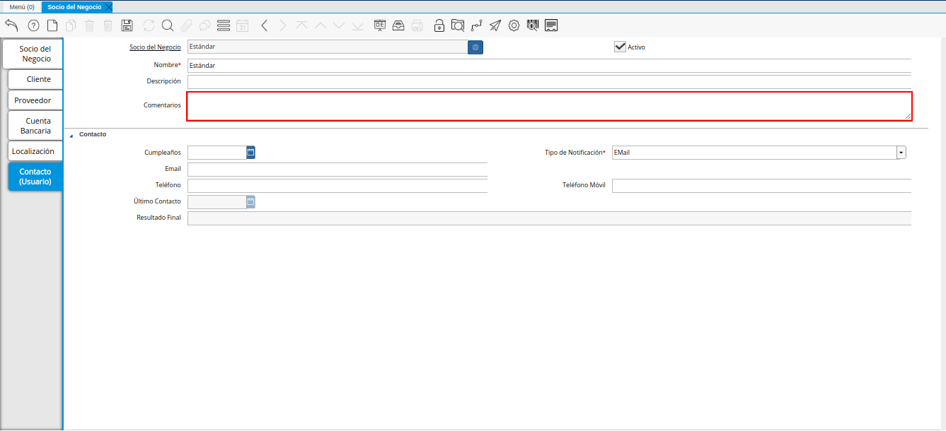 Campo Comentarios de Contacto de la Pestaña Contacto del Registro Cliente