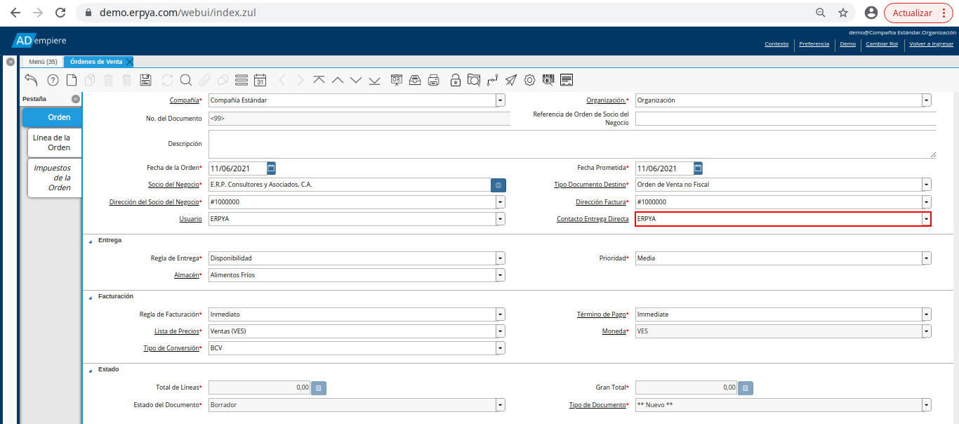 campo contacto entrega directa de la orden de venta no fiscal