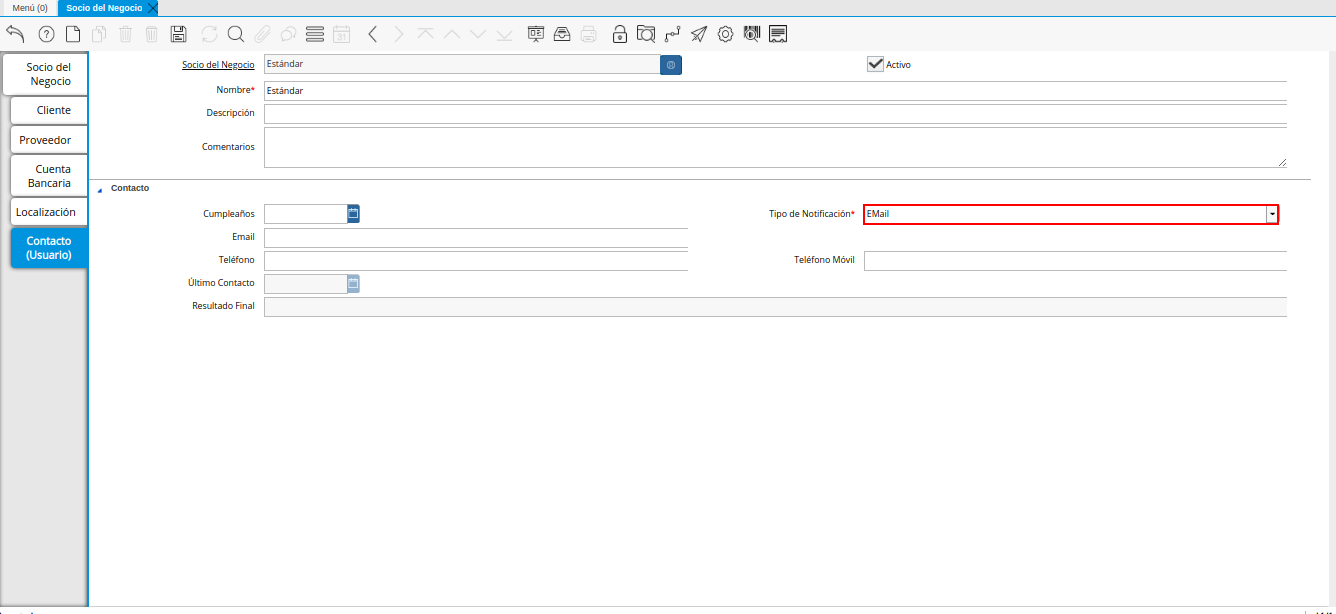 Campo Tipo de Notificación de Contacto de la Pestaña Contacto del Registro Proveedor