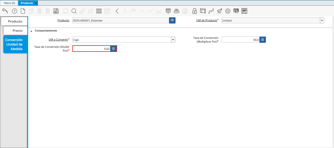 Tasa de Conversión Dividir Por de la Pestaña Conversión Unidad de Medida de la Ventana Producto