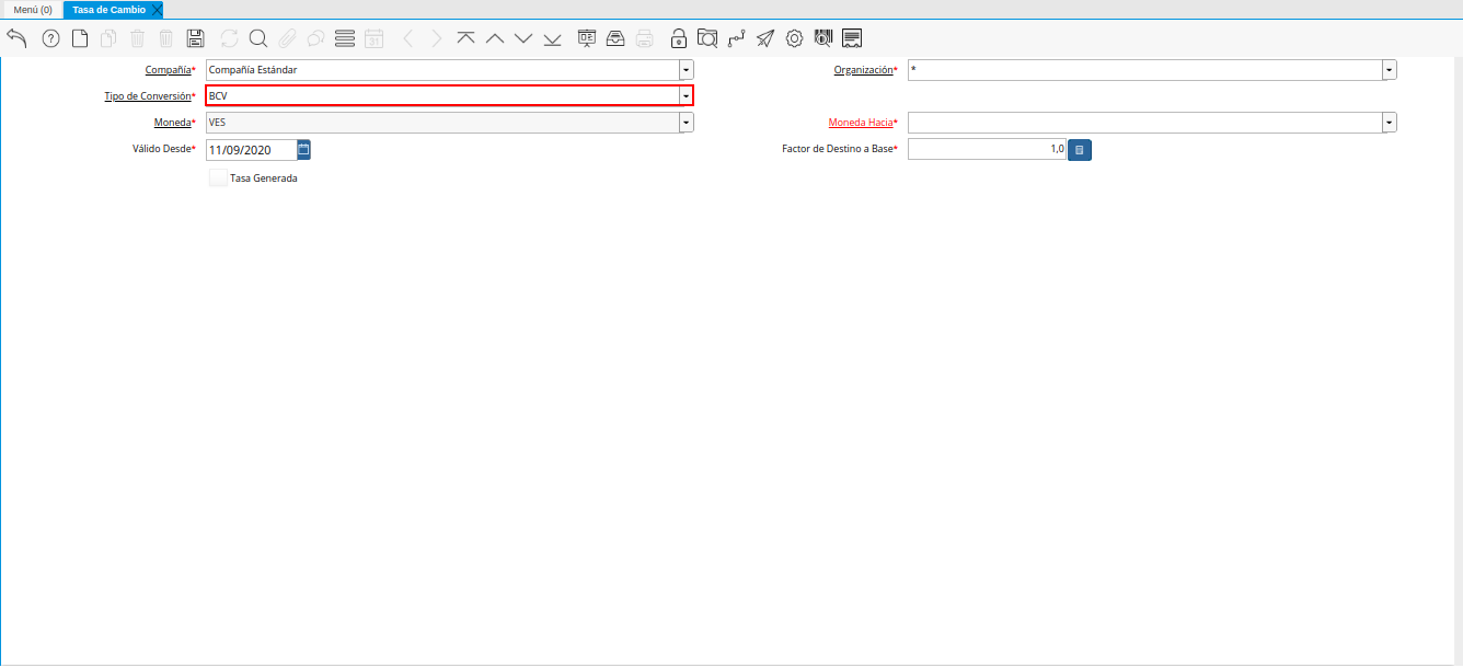 Campo Tipo de Conversión de la Ventana Tasa de Cambio