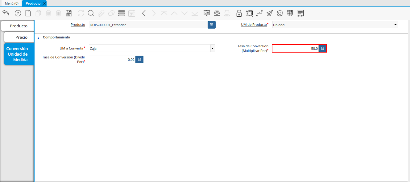 Tasa de Conversión Multiplicar Por de la Pestaña Conversión Unidad de Medida de la Ventana Producto