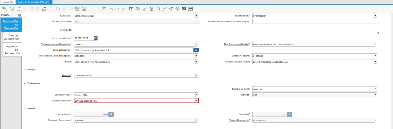 campo tipo de conversión de la ventana orden de devolución cliente