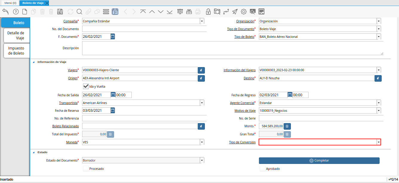 campo tipo de conversión de la ventana boleto de viaje