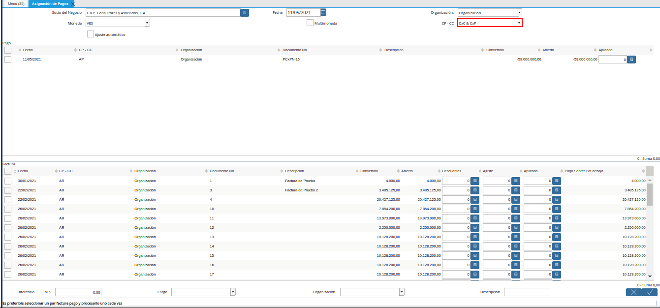 campo cp cc de la ventana asignación de pagos