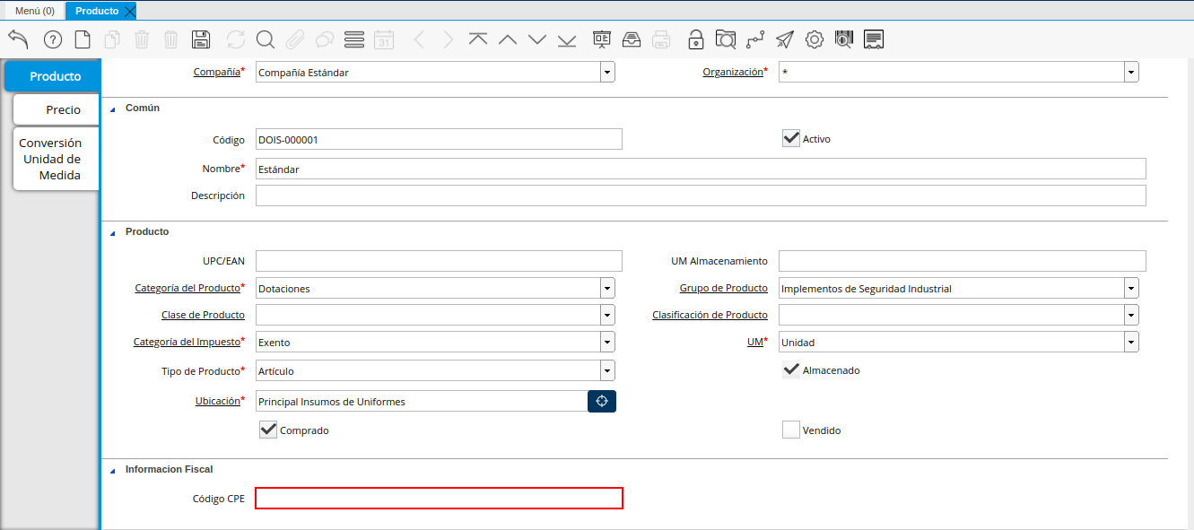 Campo Código CPE de la Ventana Producto