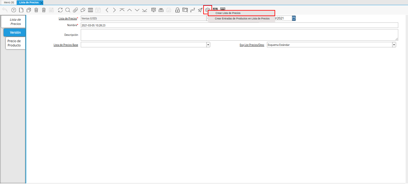 crear entradas de productos en lista de precios
